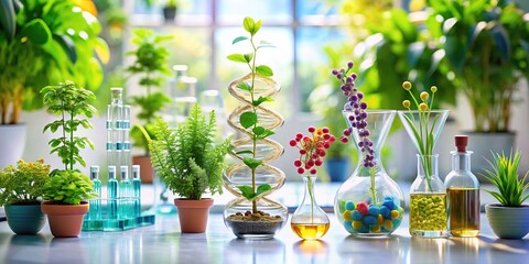 Tilt-Shift Photography of Biology Laboratory with DNA Structures, Gene Therapy, and Plant Biochemistry on White Backgrounds for Environmental Study and Nature Science