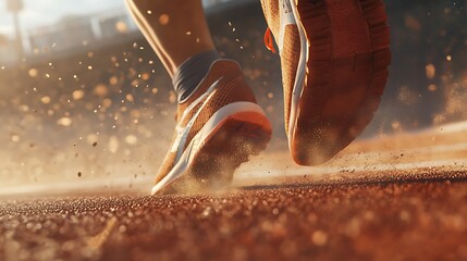 Close-up of a runner's feet on a track, dust kicked up as they run.