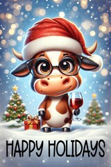 Charming holiday card featuring an adorable cow in a Santa hat and glasses, holding a glass of wine, with festive gifts and trees.