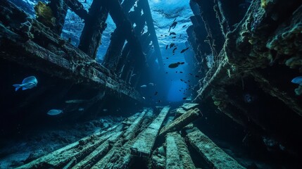 Wall Mural - Inside the hull of a pirate shipwreck underwater, detailed view of broken timbers and corals growing on the wood, schools of fish gliding past, with a soft blue underwater glow illuminating the scene.