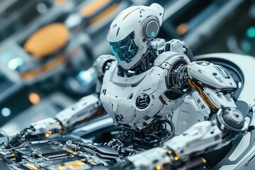 Aufkleber - A white robotic pilot sits in a futuristic cockpit.