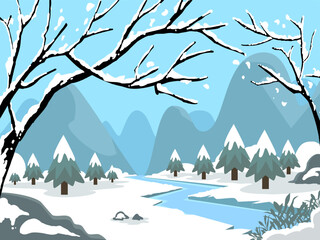 Wall Mural - Nature trees forest background and snowing for winter season concept. Hand drawn isolated illustrations.