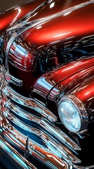 Close-up of a classic red car's front with chrome grill and headlight.