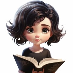 Wall Mural - A cute cartoon girl reads a book on a stone, showcasing a perfect headtobody ratio in crisp, vibrant detail.