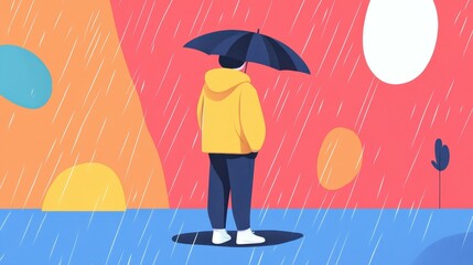 Canvas Print - Colorful cartoon art features a cheerful character embracing the rain, with a playful flat design and vibrant hues.