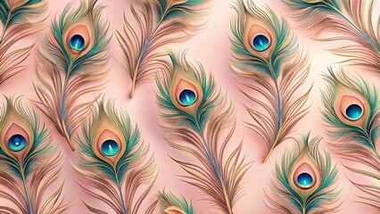 Wall Mural - A delicate pattern of peacock feathers arranged on a soft pink backdrop, showcasing the intricate details and mesmerizing beauty of nature's artistry.