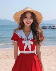 Sticker - A charming girl in a sailor uniform with a straw hat beams at the beach, exuding vintage kawaii vibes and idol charm.