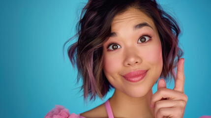 Poster - A confident Asian woman poses against a light blue backdrop, showcasing her elegance and beauty with a captivating smile.