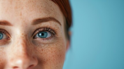 A closeup shot showcasing a womans freckles against a vibrant blue backdrop, celebrating the essence of natural beauty.