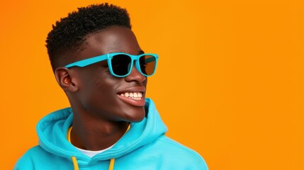 A vibrant portrait featuring a joyful young boy in a blue hoodie and shades, set against a bold orange backdrop.