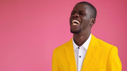 A vibrant portrait of a joyful man in a yellow suit, radiating happiness against a striking pink backdrop.