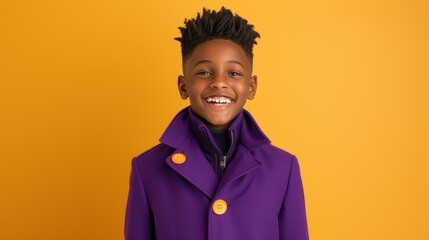 A vibrant portrait of a joyful boy in a purple coat, beaming with laughter against a sunny yellow backdrop.