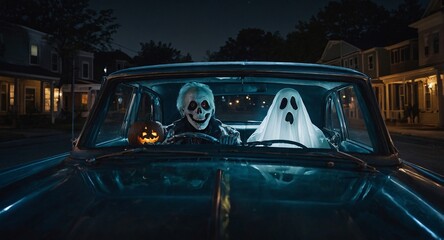 Spooky Road Trip: Halloween Night Drive. A skeleton and ghost enjoy a nighttime cruise in a vintage car, jack-o'-lantern in tow.  Perfect for Halloween, spooky season, and autumn themes.