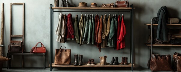 Stylish Clothing Rack in Cozy Boutique with Winter Coats and Accessories