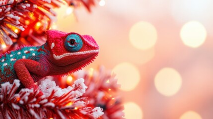 Colorful chameleon perched on a festive tree with bokeh lights in the background.