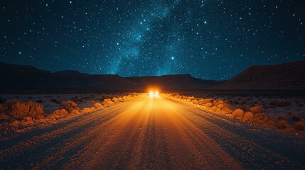 A long exposure shot of a desert road at night, with bright car headlights illuminating the path beneath a starry sky.