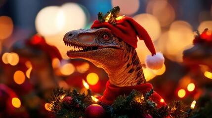 Sticker - Dinosaur wearing Santa hat, festive decoration with lights