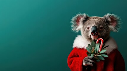 Koala in festive attire holding candy cane and greenery, isolated on colorful background.