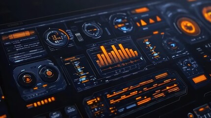 Leinwandbilder - Futuristic Interface with Orange and Blue Data Displays