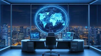 Poster - Modern Office with World Map and Night City View