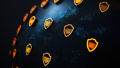 A digital network featuring glowing shields, symbolizing cybersecurity and protection across interconnected platforms.