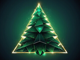 abstract Beautiful holiday card with techno style christmas tree made from triangles, flashes and lights illustration on green background