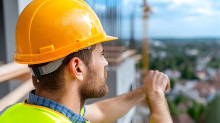 Professional Civil Engineer in Hardhat Standing on Construction Site Inspecting Building Progress and Development