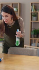 Wall Mural - Woman, cleaning service and dirt for housekeeping, hygiene or disinfectant in home as worker. Female person, employee, spray cleaner and dust for germs, bacteria and product on table surface in house