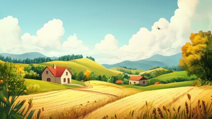 Countryside scene with two houses and a field of wheat.