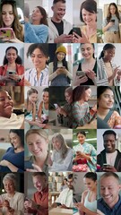 Poster - People, happy or phone in collage for networking, social media or streaming platform. Smile, mobile or society diversity in montage with connectivity, internet or communication innovation for contact