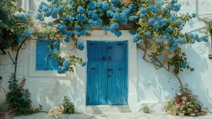 Wall Mural - animation charming blue doorway adorned with flowers generated with ai