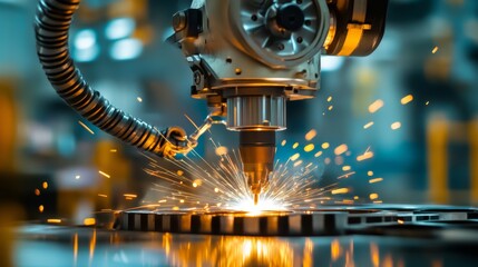 A close-up of a welding machine in action, welding metal parts together, with sharp sparks flying off the metal surface