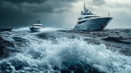 Two boats on a rough sea under a stormy sky.