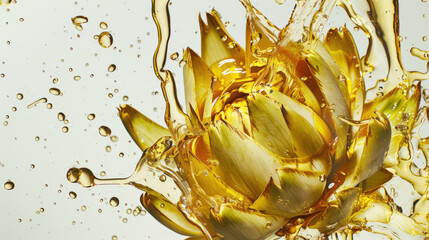 Juicy ripe artichoke is watered with natural olive oil. Golden drops of oil scatter in all directions. A vegan dish. Healthy eating