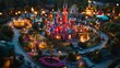 © Alpha - A bird eye of a fairytale kingdom with a glowing pink castle, vivid garden blooming, Storybook style, Neon lights, Soft pastel colors, Psychedelic