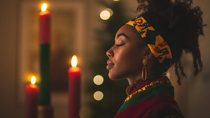 A woman celebrates Kwanzaa with candles and traditions in a cozy, festive setting at home