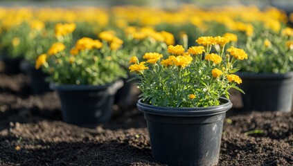 a field of yellow flowers in black pots, planted in rich brown soil.