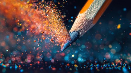 Colorful pencil tip exploding with glitter and vibrant pigments, dynamic art supplies concept for creative school projects, back to school design featuring bursting colors and sparkling effects


