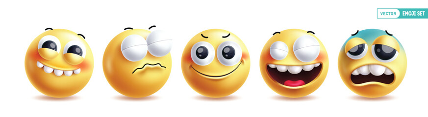 Emoji emoticon characters vector set. Emoticon character collection in funny, sad face, smile, happy, bad mood facial expression in white background. Vector illustration yellow faces emoticon set.
