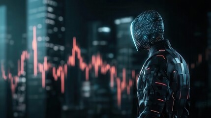 Robot guiding a stock market chart upwards, symbolizing AIdriven market predictions, futuristic financial concept