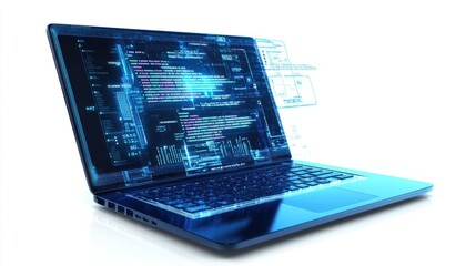 Open laptop with coding lessons displayed, representing modern online education for technology skills, isolated on white background