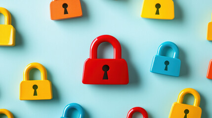 Colorful padlocks scattered on a light blue background, creating a playful and secure ambiance.