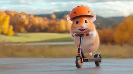 Wall Mural - Cute mouse cartoon character. Funny hamster running, riding on electric scooter with helmet, park landscape background. Creative animal pet 3d digital art illustration, festive season halloween banner