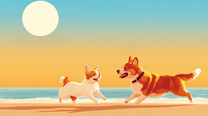 Wall Mural - Cat and dog on the beach, running playing together, sunset tropical ocean summer day background. Cute puppy and kitten friendship, creative funny animal pet character holiday maker modern digital art.