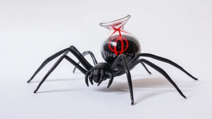 Halloween black widow spider made of plastic with red hourglass symbol, isolated on white background