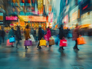 Busy city street with people shopping and blurred lights.