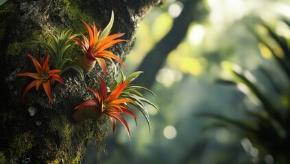Bright orange bromeliads growing on a moss covered tree trunk in a lush jungle.