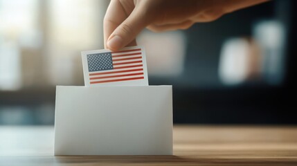 A hand placing an American flag-themed ballot into a ballot box, symbolizing civic duty and participation in U.S. elections.

