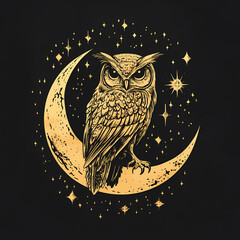 Owl on Crescent Moon T-Shirt Illustration