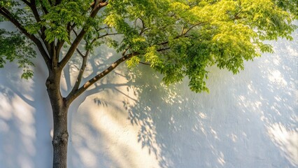 High angle tree shadow and light with leaves, tree trunk, branch shadow bokeh on white wall background